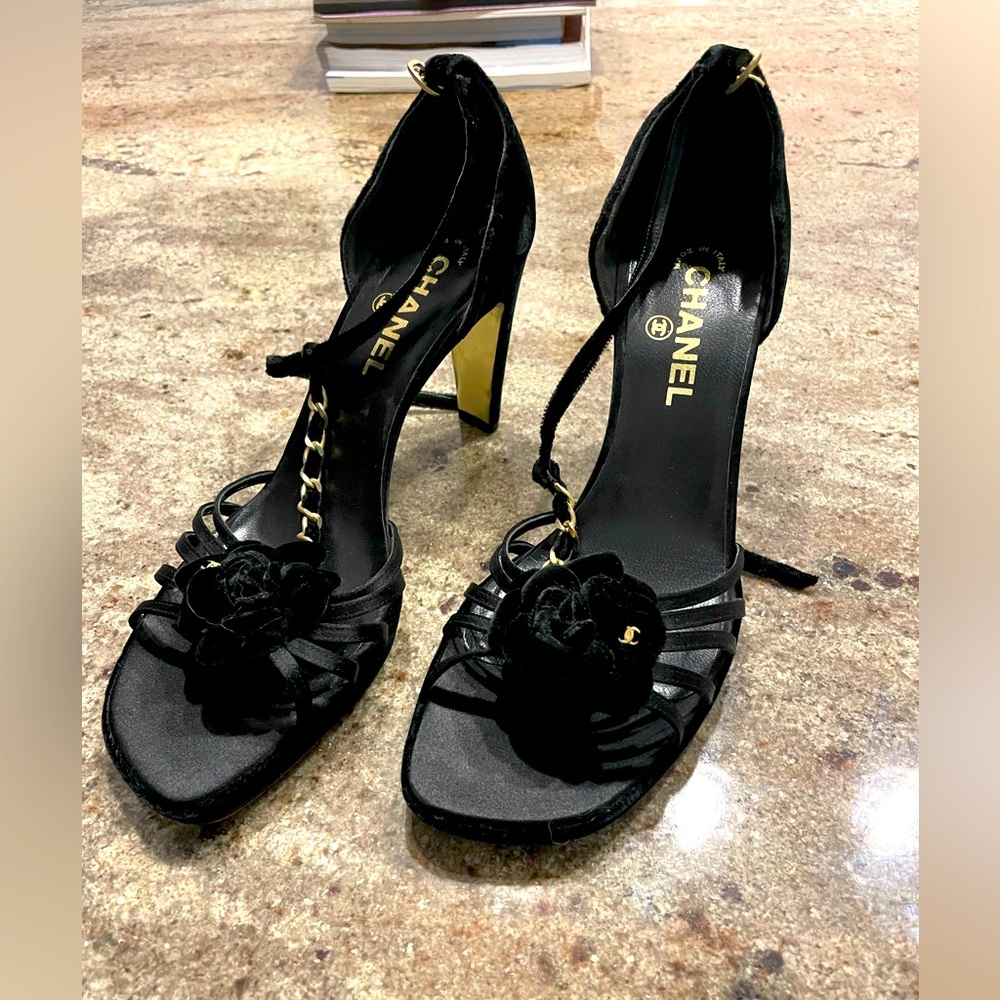 chanel black camellia velvet flower heels